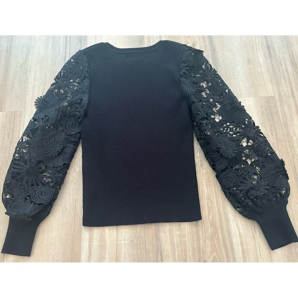 Milly Velvet Lace-Sleeve Rib-Knit Sweater - Picture 8 of 8